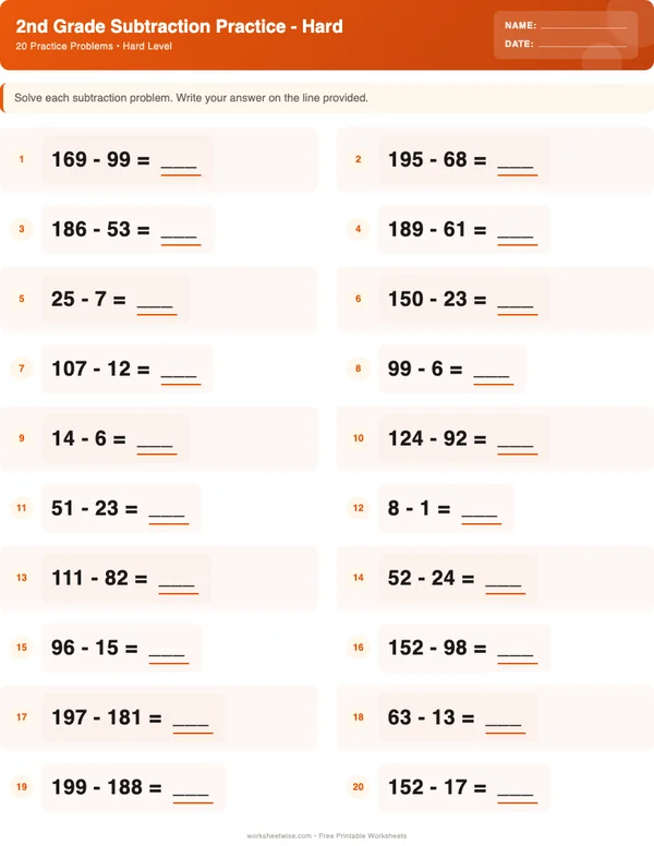 2nd Grade Subtraction Worksheets - Halloween Theme (Hard)