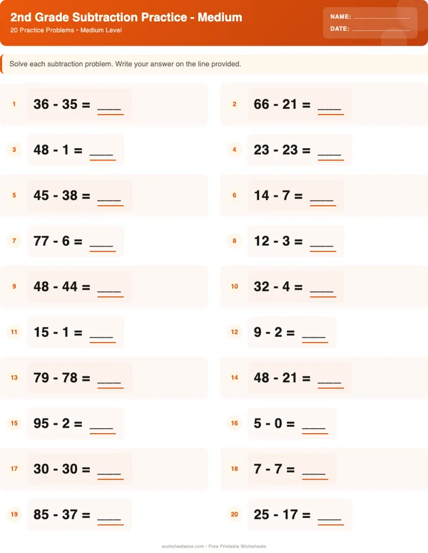 2nd Grade Subtraction Worksheets - Halloween Theme (Medium)
