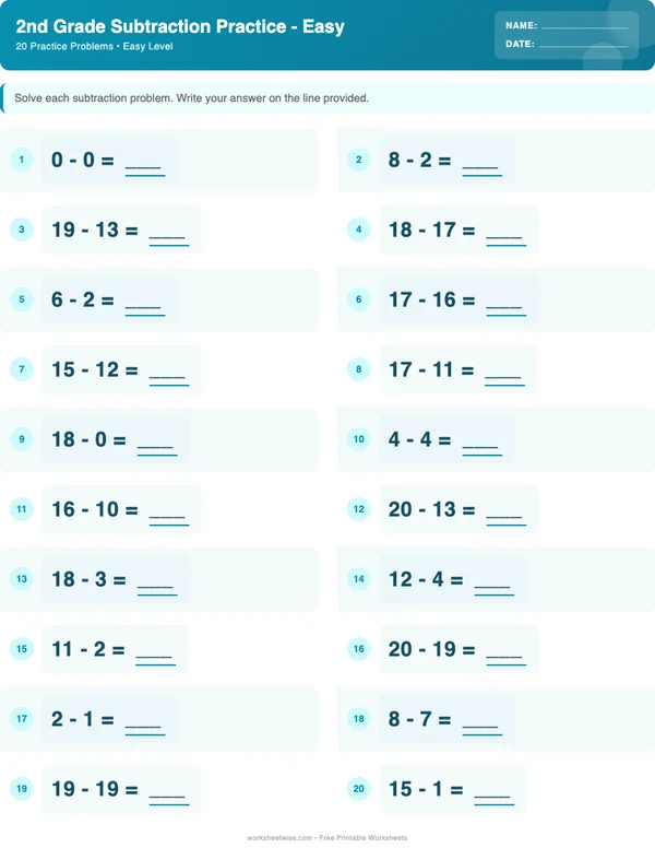 2nd Grade Subtraction Worksheets - Ocean Theme (Easy)
