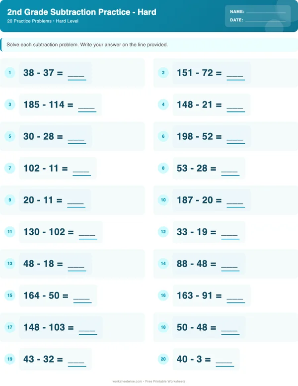 2nd Grade Subtraction Worksheets - Ocean Theme (Hard)