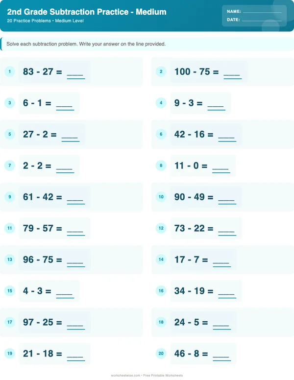 2nd Grade Subtraction Worksheets - Ocean Theme (Medium)