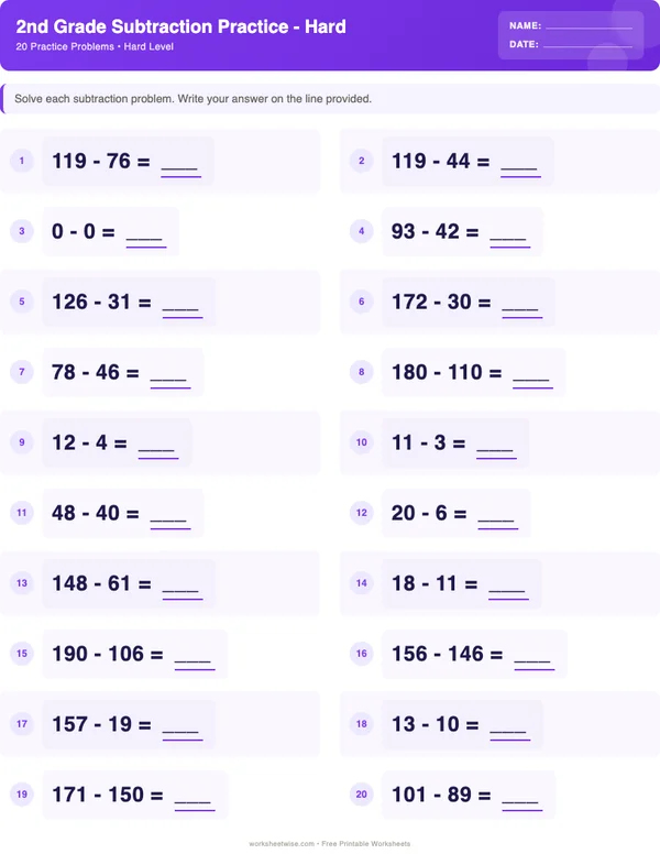 2nd Grade Subtraction Worksheets - Space Theme (Hard)