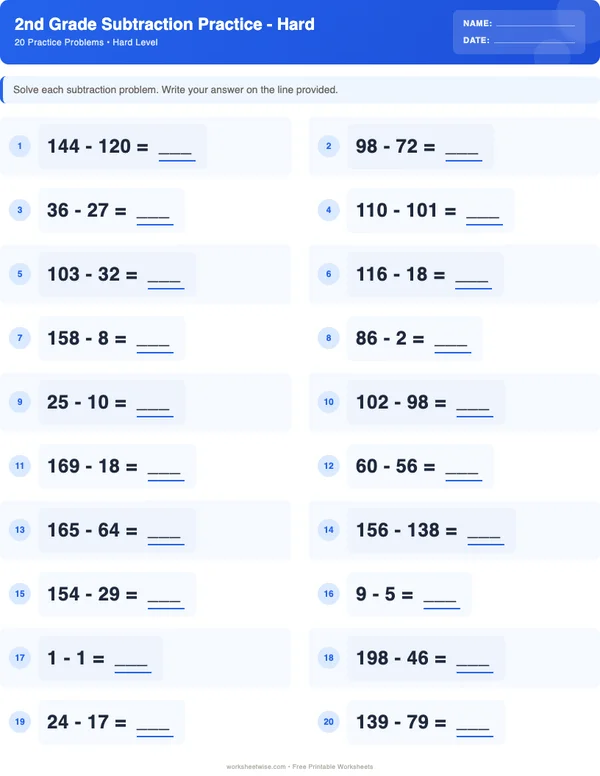 2nd Grade Subtraction Worksheets - Standard Theme (Hard)