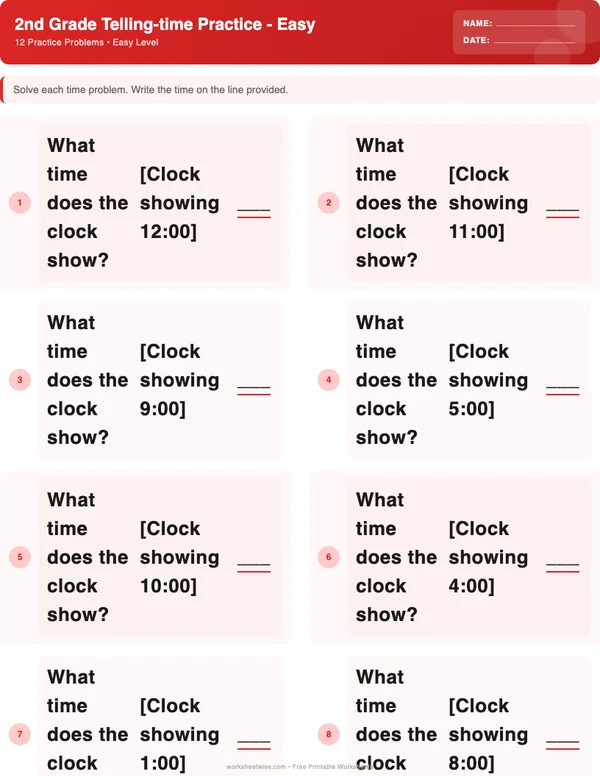 2nd Grade Telling Time Worksheets - Christmas Theme (Easy)