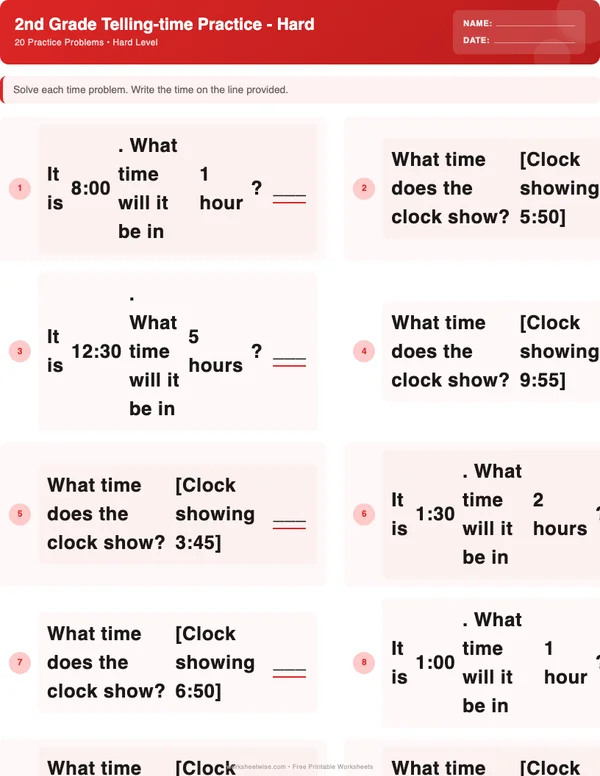 2nd Grade Telling Time Worksheets - Christmas Theme (Hard)