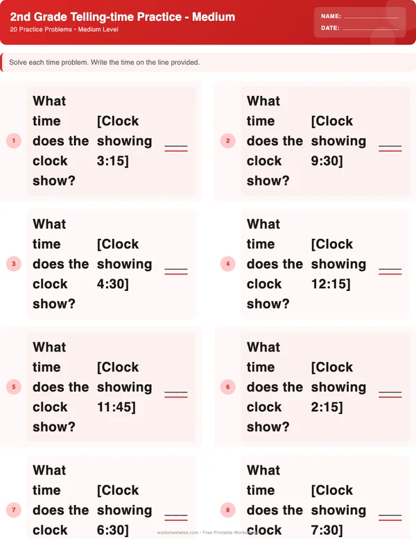 2nd Grade Telling Time Worksheets - Christmas Theme (Medium)