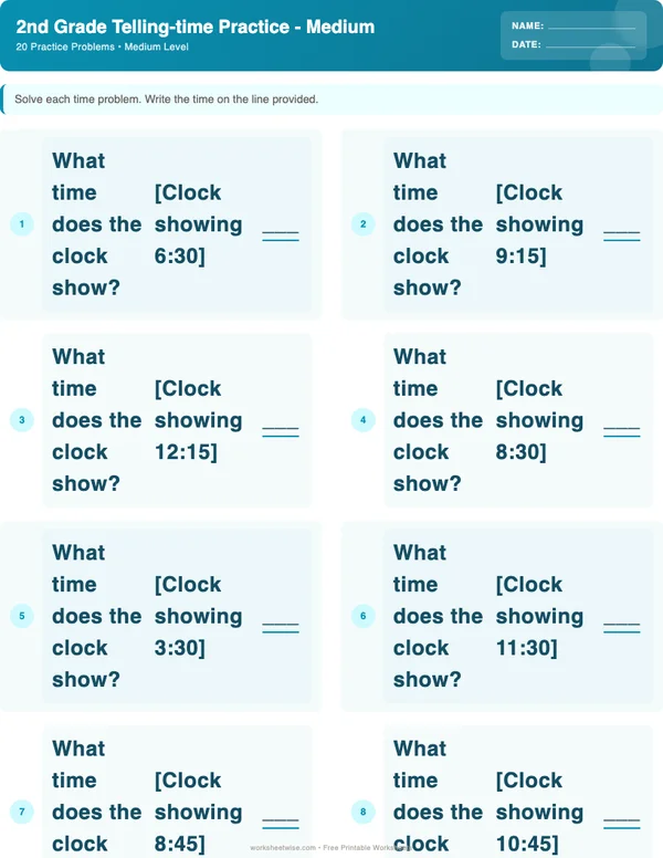 2nd Grade Telling Time Worksheets - Ocean Theme (Medium)