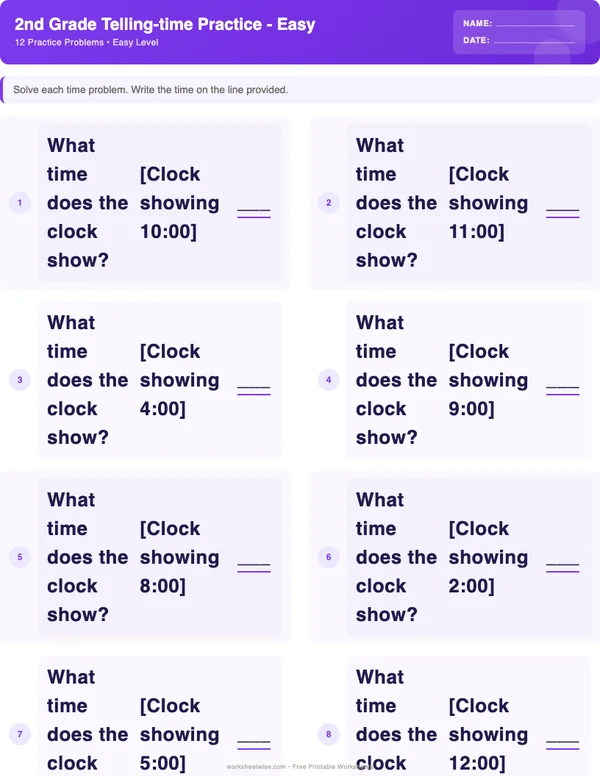 2nd Grade Telling Time Worksheets - Space Theme (Easy)