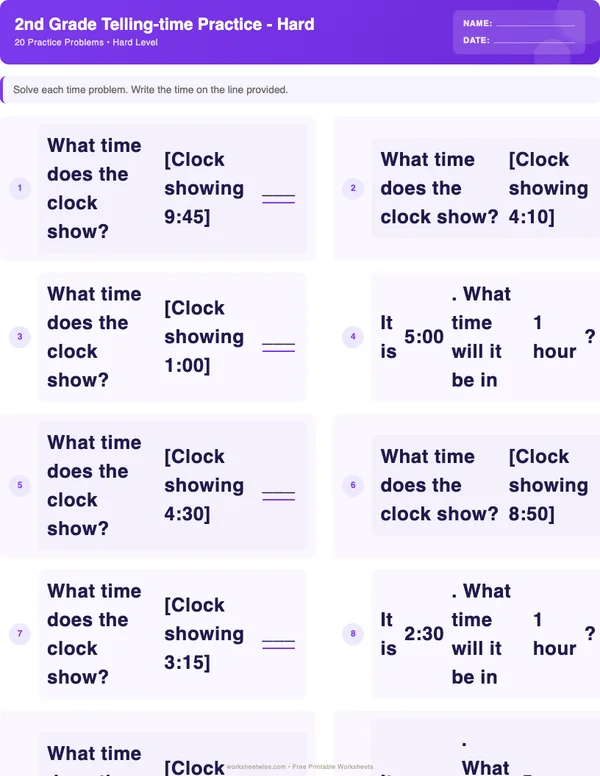 2nd Grade Telling Time Worksheets - Space Theme (Hard)