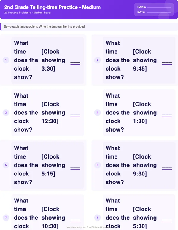 2nd Grade Telling Time Worksheets - Space Theme (Medium)