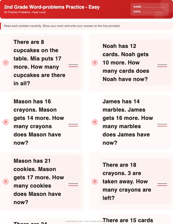 2nd Grade Word Problems Worksheets - Christmas Theme (Easy)