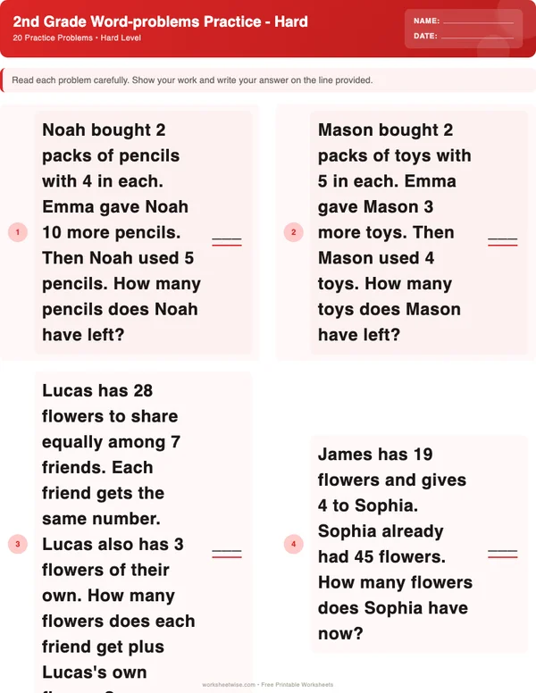 2nd Grade Word Problems Worksheets - Christmas Theme (Hard)