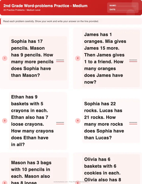 2nd Grade Word Problems Worksheets - Christmas Theme (Medium)