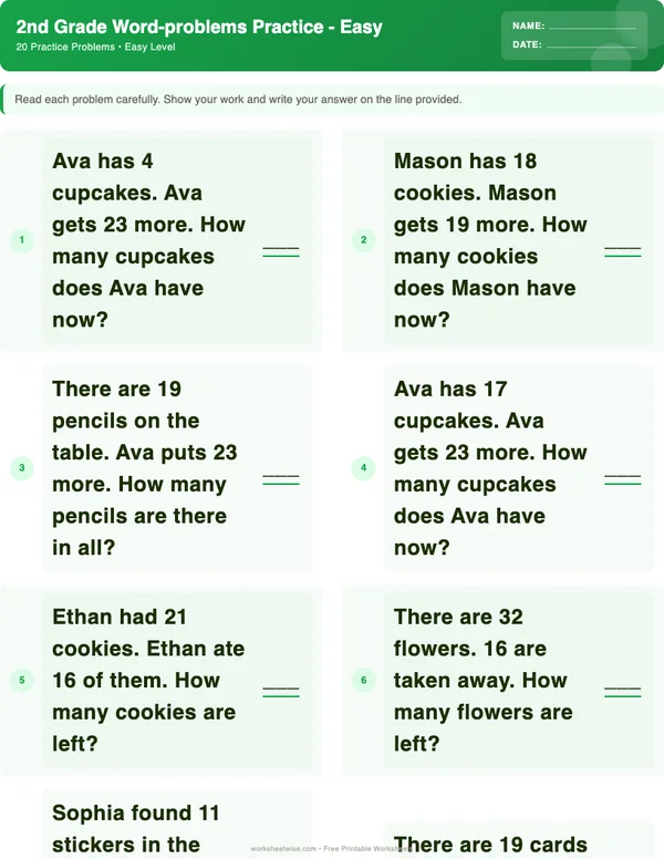 2nd Grade Word Problems Worksheets - Dinosaur Theme (Easy)