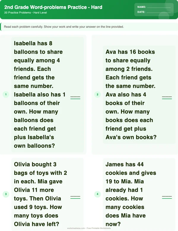 2nd Grade Word Problems Worksheets - Dinosaur Theme (Hard)