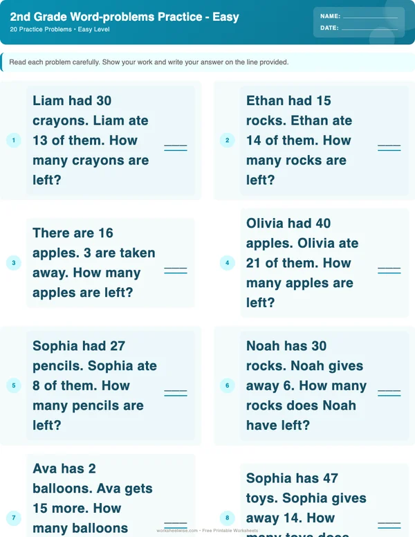 2nd Grade Word Problems Worksheets - Ocean Theme (Easy)
