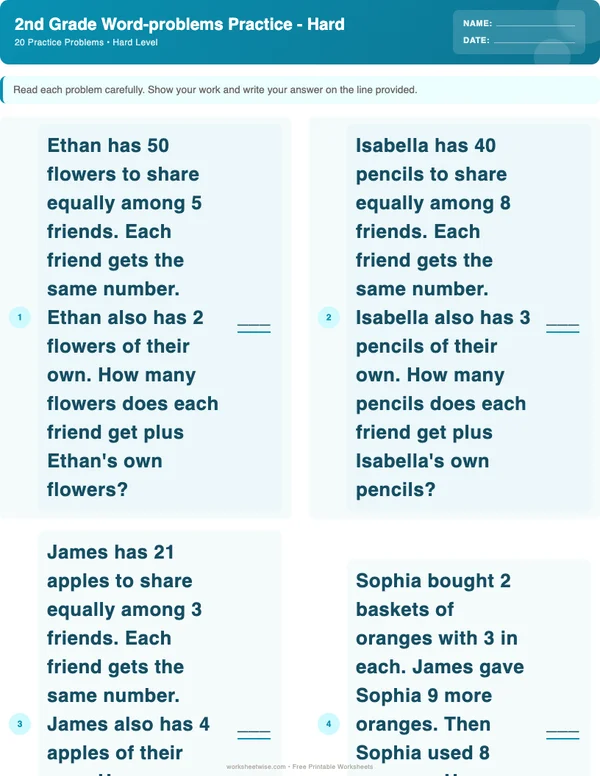 2nd Grade Word Problems Worksheets - Ocean Theme (Hard)