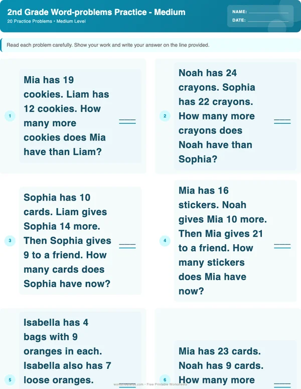 2nd Grade Word Problems Worksheets - Ocean Theme (Medium)