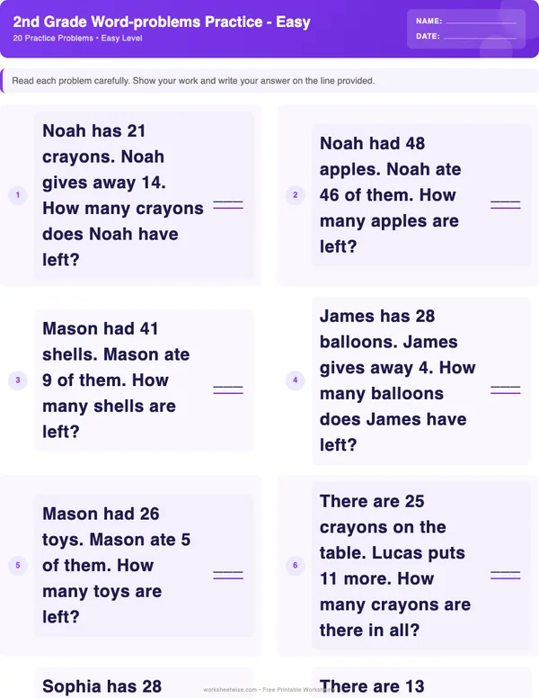 2nd Grade Word Problems Worksheets - Space Theme (Easy)