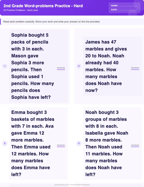 2nd Grade Word Problems Worksheets - Space Theme (Hard)