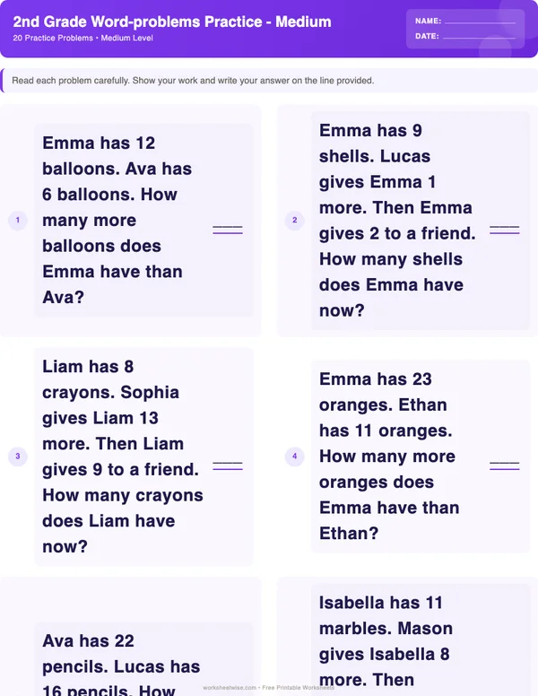 2nd Grade Word Problems Worksheets - Space Theme (Medium)