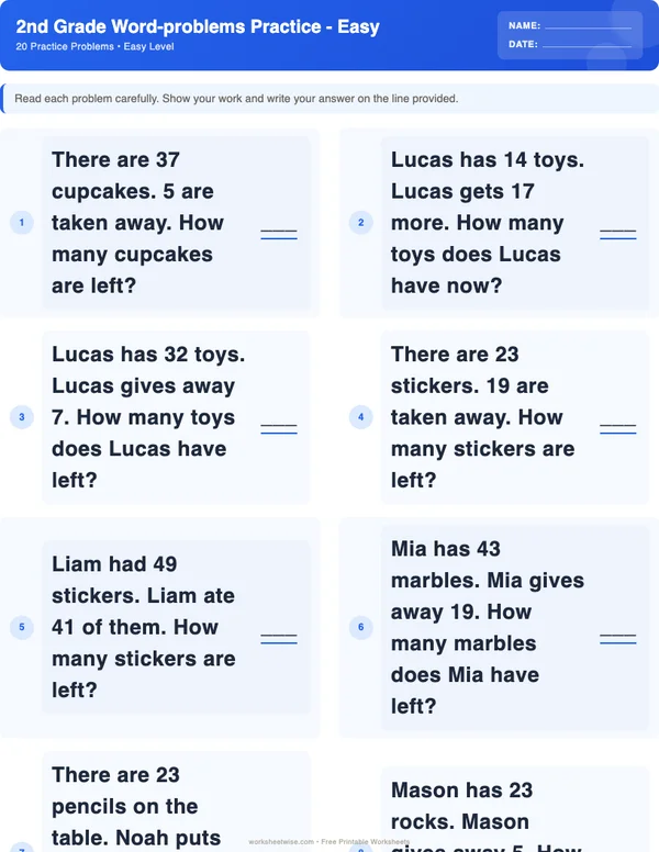 2nd Grade Word Problems Worksheets - Standard Theme (Easy)