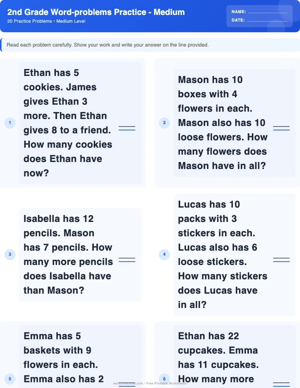2nd Grade Word Problems Worksheets - Standard Theme (Medium)