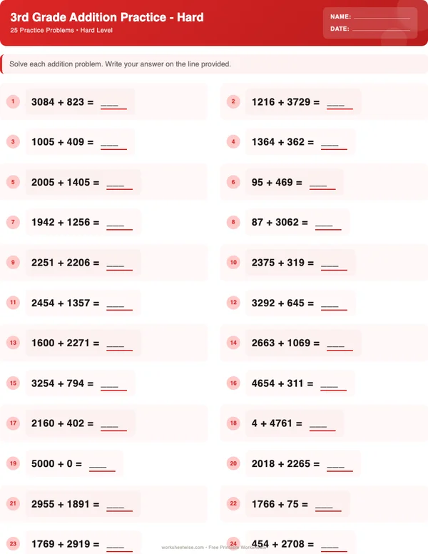 3rd Grade Addition Worksheets - Christmas Theme (Hard)