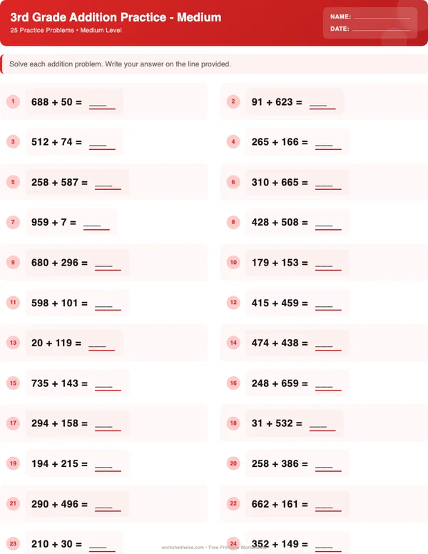 3rd Grade Addition Worksheets - Christmas Theme (Medium)