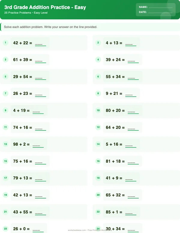 3rd Grade Addition Worksheets - Dinosaur Theme (Easy)