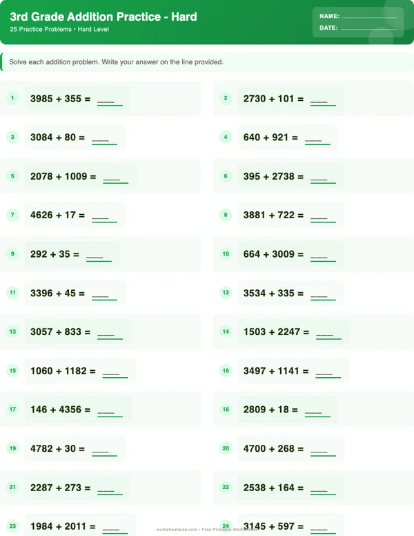 3rd Grade Addition Worksheets - Dinosaur Theme (Hard)