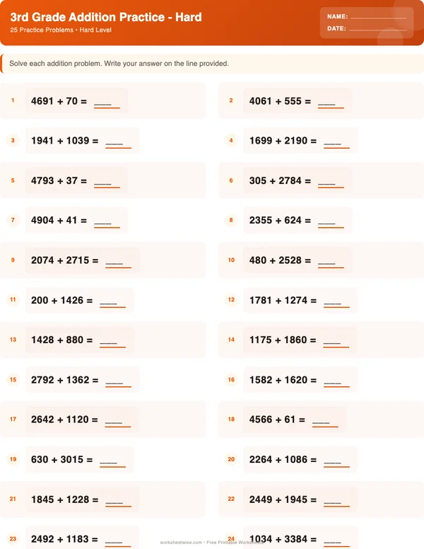 3rd Grade Addition Worksheets - Halloween Theme (Hard)