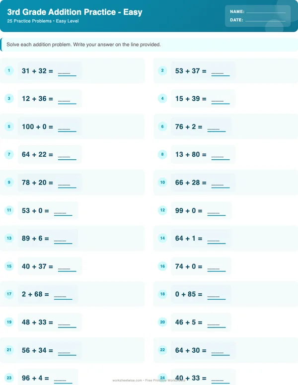 3rd Grade Addition Worksheets - Ocean Theme (Easy)