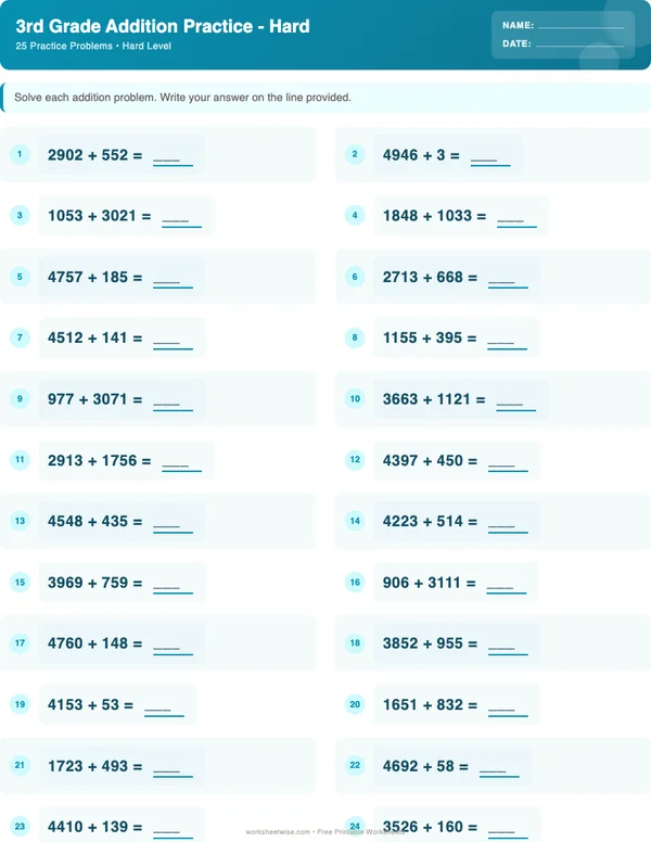 3rd Grade Addition Worksheets - Ocean Theme (Hard)