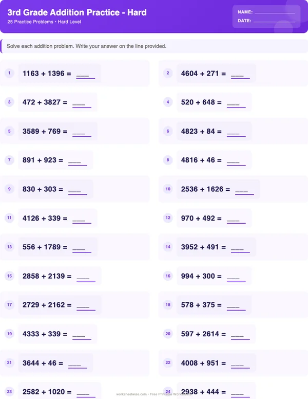 3rd Grade Addition Worksheets - Space Theme (Hard)