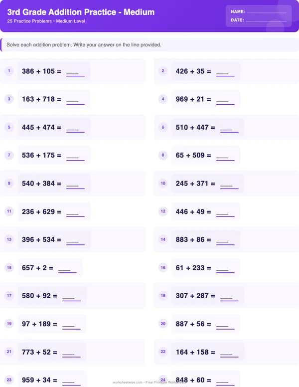3rd Grade Addition Worksheets - Space Theme (Medium)