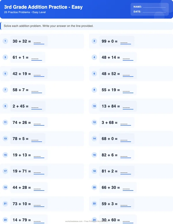 3rd Grade Addition Worksheets - Standard Theme (Easy)