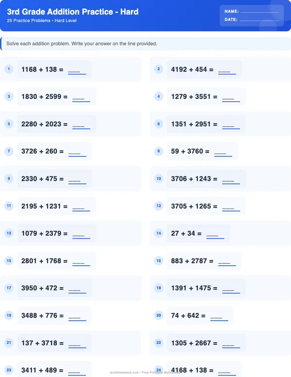 3rd Grade Addition Worksheets - Standard Theme (Hard)