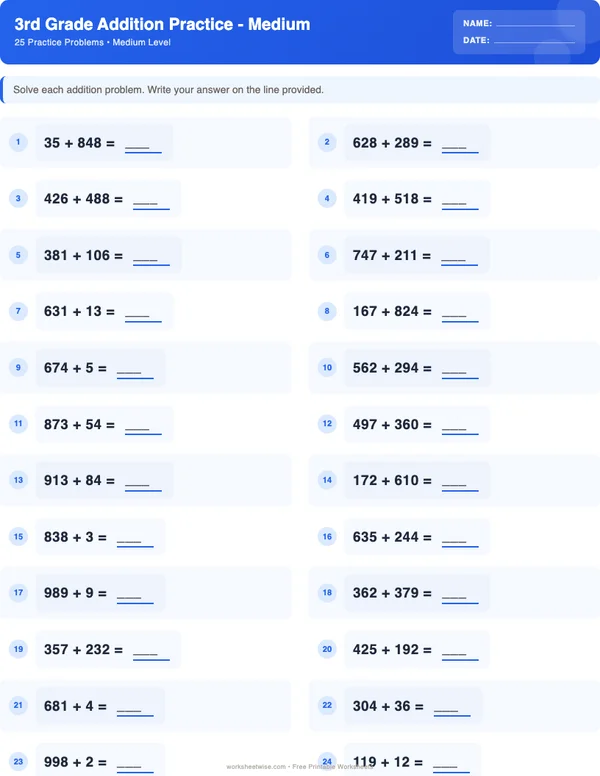 3rd Grade Addition Worksheets - Standard Theme (Medium)