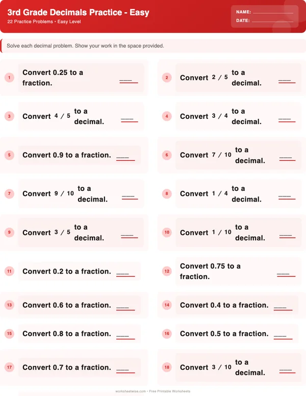 3rd Grade Decimals Worksheets - Christmas Theme (Easy)