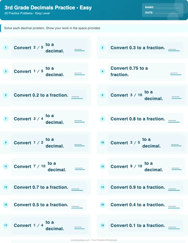 3rd Grade Decimals Worksheets - Ocean Theme (Easy)