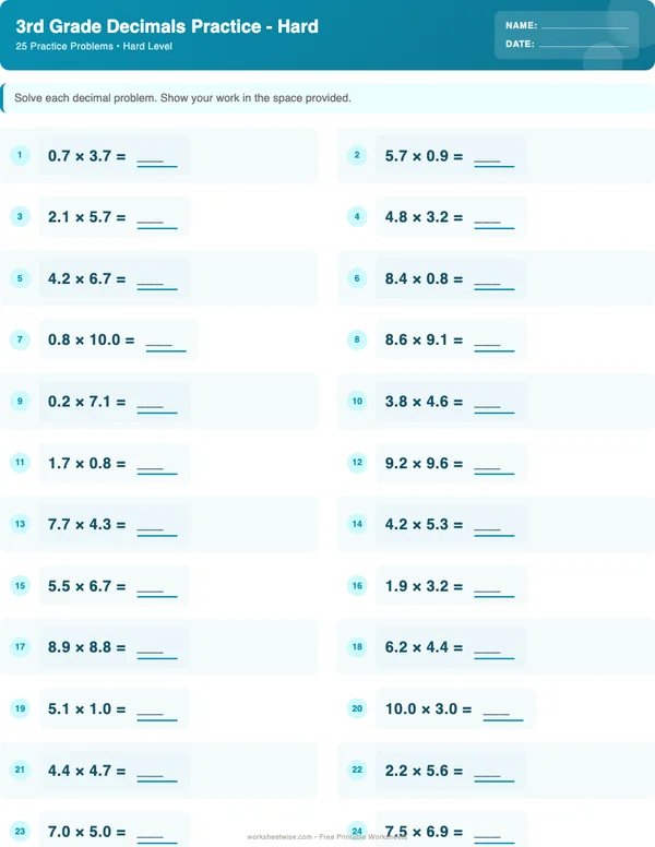 3rd Grade Decimals Worksheets - Ocean Theme (Hard)