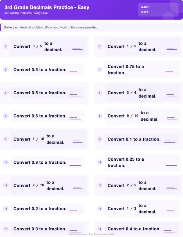 3rd Grade Decimals Worksheets - Space Theme (Easy)