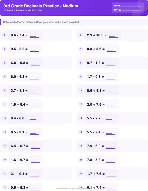 3rd Grade Decimals Worksheets - Space Theme (Medium)