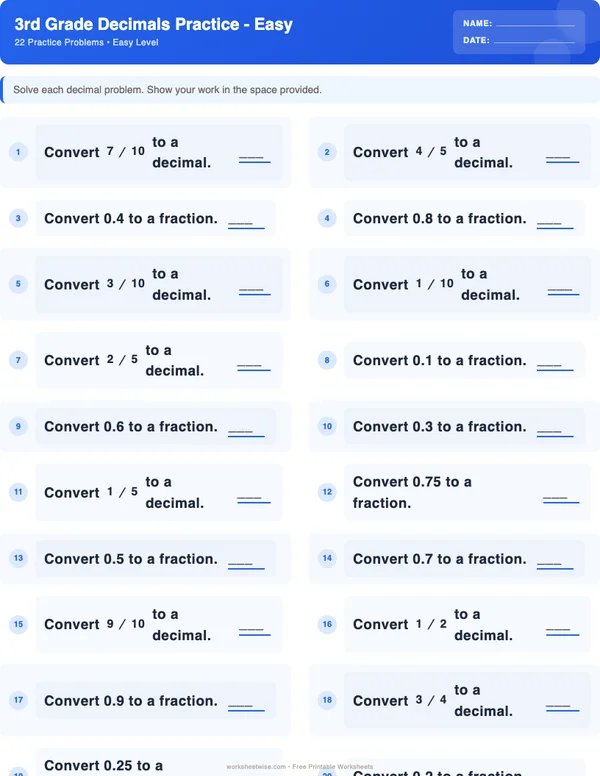 3rd Grade Decimals Worksheets - Standard Theme (Easy)