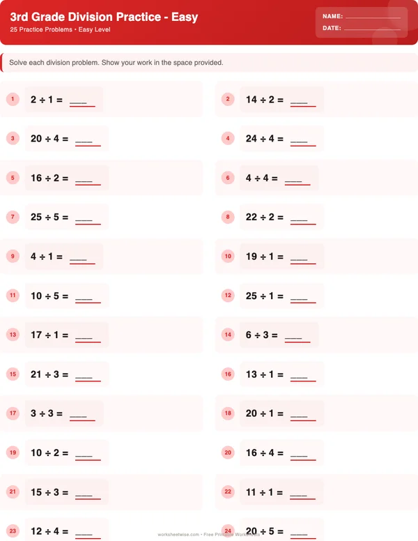 3rd Grade Division Worksheets - Christmas Theme (Easy)