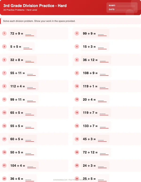 3rd Grade Division Worksheets - Christmas Theme (Hard)