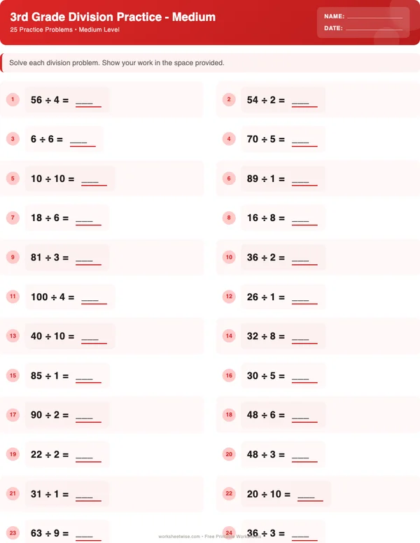 3rd Grade Division Worksheets - Christmas Theme (Medium)