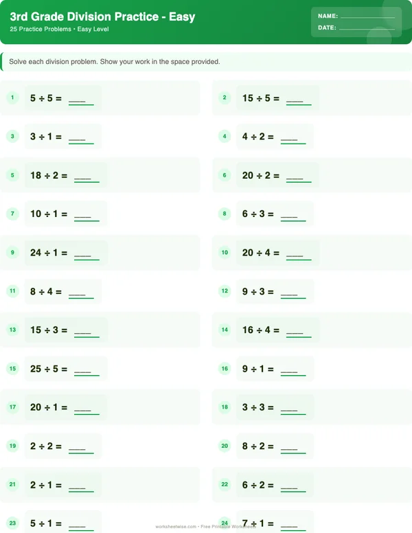 3rd Grade Division Worksheets - Dinosaur Theme (Easy)