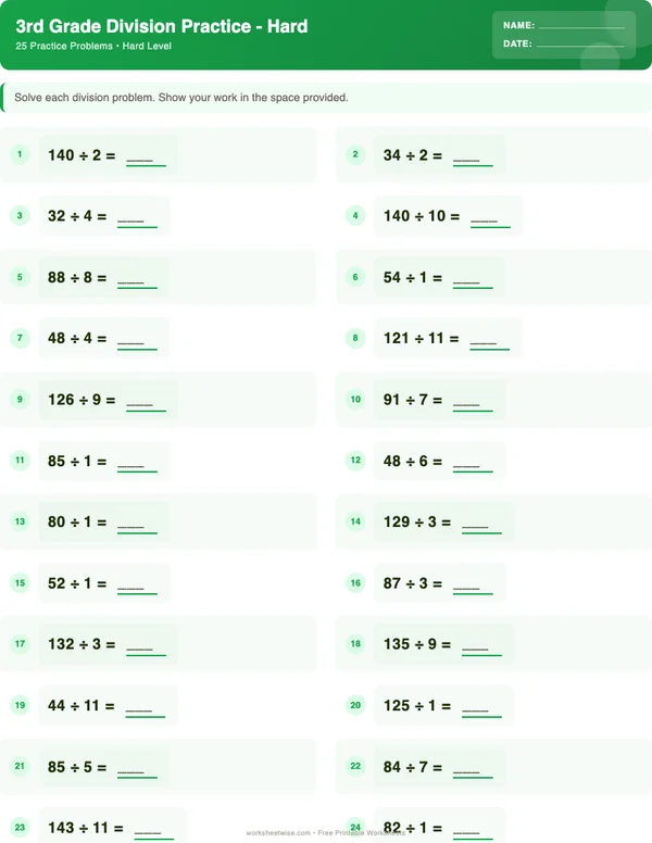 3rd Grade Division Worksheets - Dinosaur Theme (Hard)